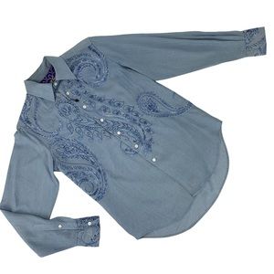 Robert Graham NWOT Blue Chambray Paisley Embroidery Long Sleeve Button Down, XS